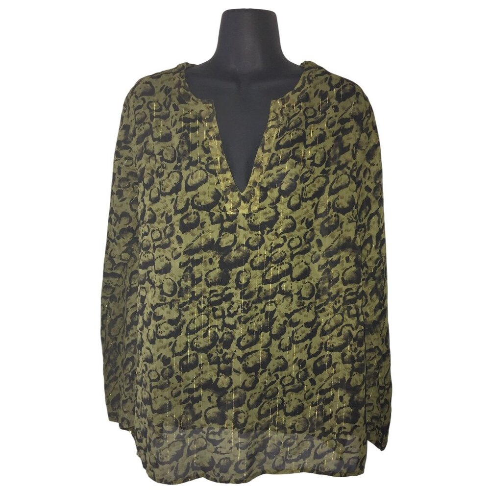 Zero Zero Olive Green Leopard Animal Print Sheer Blouse Shirt Coverup Top Large